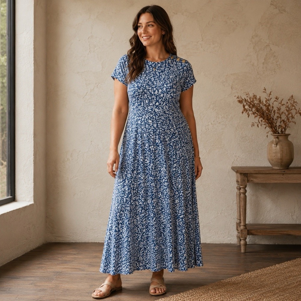 Lauren Ralph Lauren Jersey Stretch Maxi Tee Dress Womens XL Ditsy Floral Print